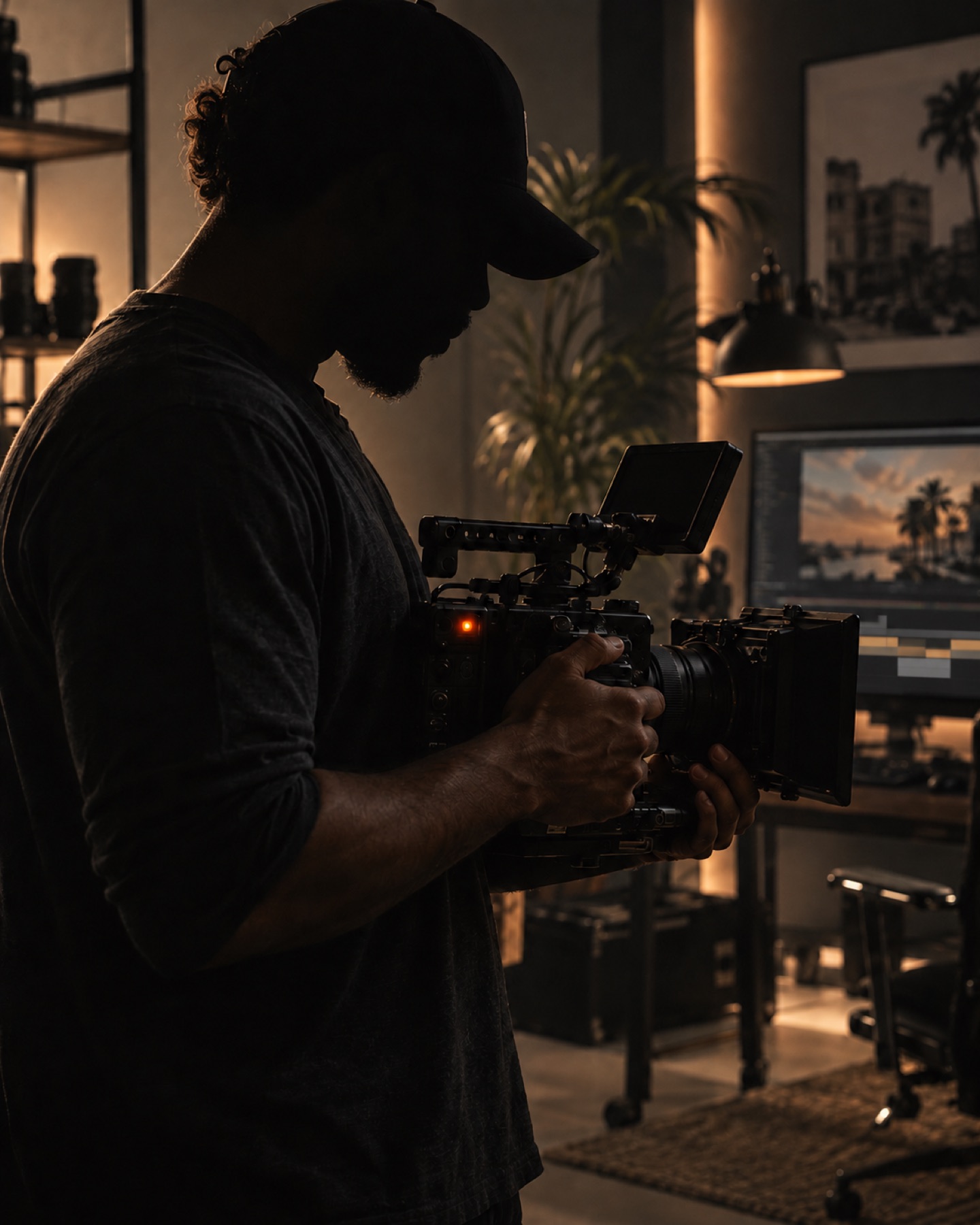 Editor de perfil sosteniendo una cámara de cine en su estudio